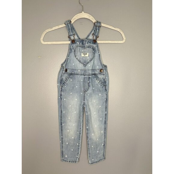OshKosh Denim Overalls Toddler 2T Heart Print Girls Jeans Adjustable Straps Cute - Picture 1 of 8